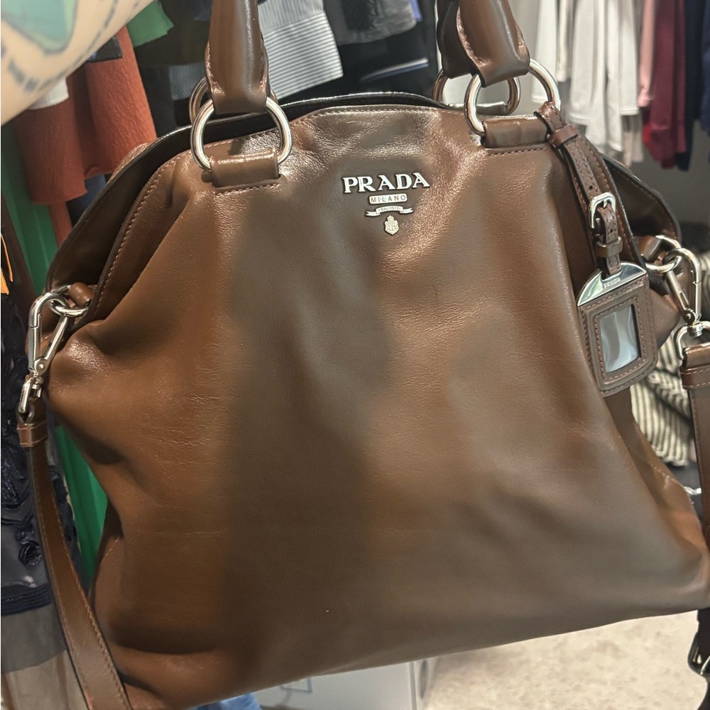 Prada Chestnut Leather Tote with Silver Accents